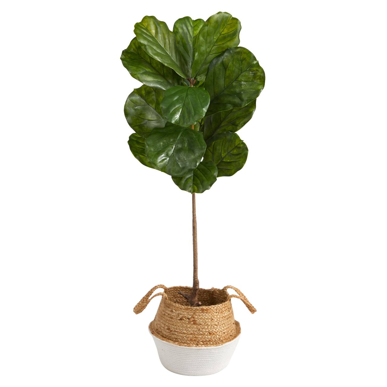 4ft. Fiddle Leaf Artificial Tree in Boho Chic Handmade Cotton & Jute White Woven Planter UV Resistant (Indoor/Outdoor)